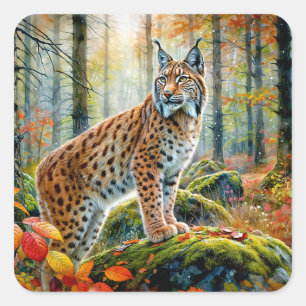 Lynx in Herfst Forest Autumcore Waterverf Vierkante Sticker