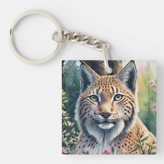 Lynx Waterverf Schilderij Floral Feline Art Sleutelhanger (voorkant)