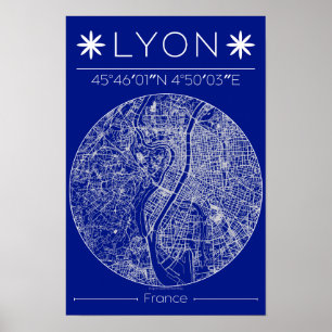 Lyon Blauwdruk Stadkaart Poster Minimaal Wanddecor