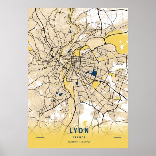 Lyon - Frankrijk Gele Stadskaart Poster (Voorkant)