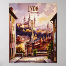 Lyon Frankrijk Reis Vintage Aquarel Stadsgezicht
