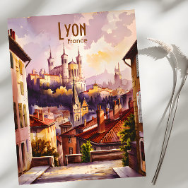 Lyon Frankrijk Reis Vintage Watercolor Stadsgezich Briefkaart