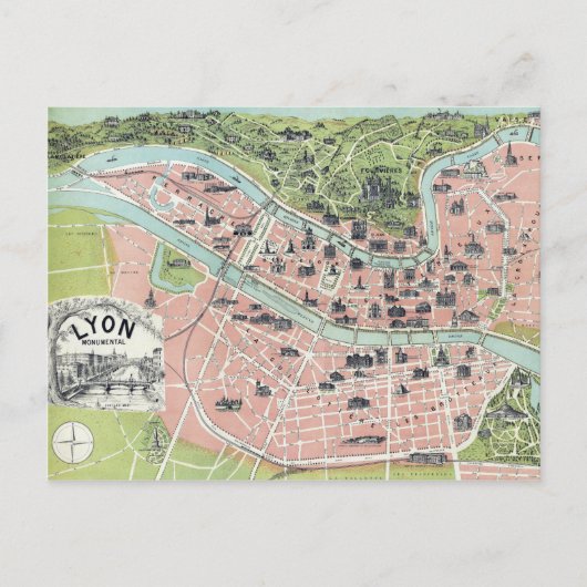 Lyon Monumental Map Garnier Freres Paris 1894 Briefkaart (Voorkant)