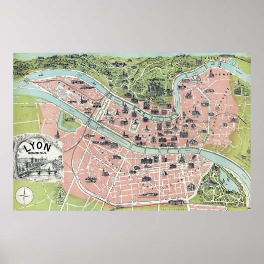 Lyon Monumental Map Garnier Freres Paris 1894 Poster (Voorkant)