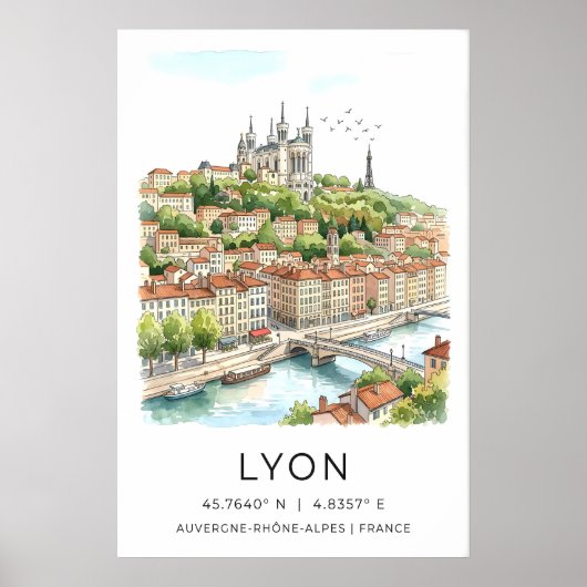 Lyon Stad Print Watercolor Silhouette en Steen (Voorkant)