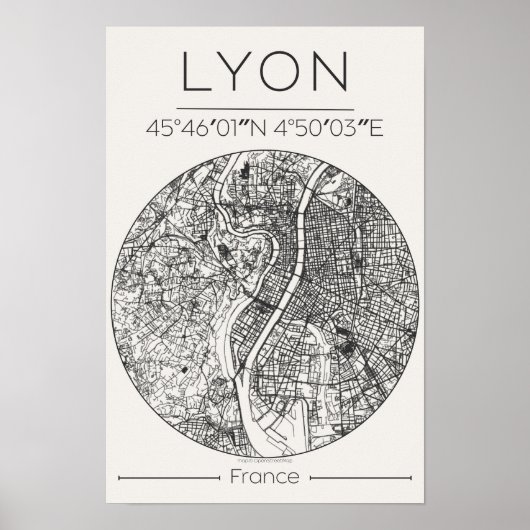 Lyon Stadsplattegrond Poster – Minimaal Houtskool (Voorkant)
