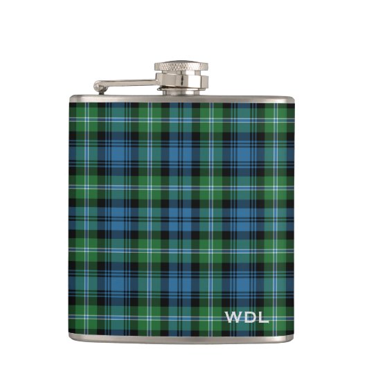 Lyon Tartan Monogram Groen en Blauw Speld Heupfles (Voorkant)