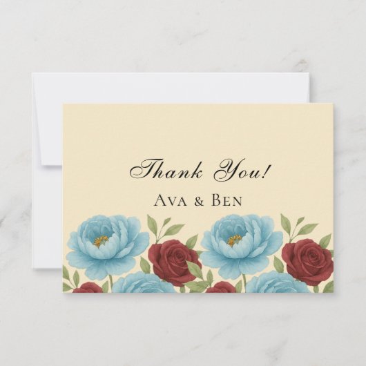 Lyons Blauwe pioen en rode rozen bruiloft Bedankkaart (Voorkant)