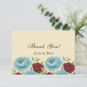 Lyons Blauwe pioen en rode rozen bruiloft Bedankkaart (Staand voorkant)