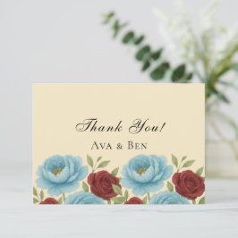 Lyons Blauwe pioen en rode rozen bruiloft Bedankkaart