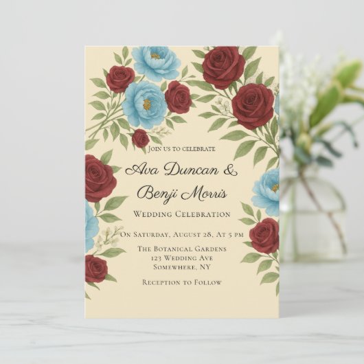 Lyons Blauwe pioen & rode rozen bruiloft Kaart (Staand voorkant)