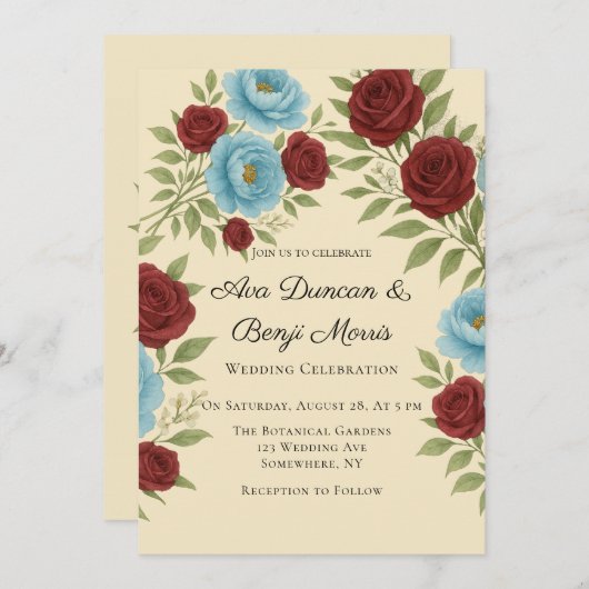 Lyons Blauwe pioen & rode rozen bruiloft Kaart (Voorkant / Achterkant)