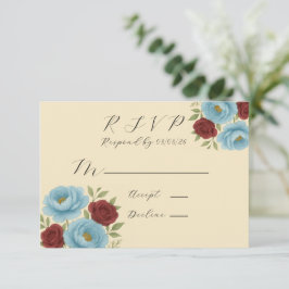 Lyons Blue Peony & Dark Red Peony Wedding RSVP Kaartje