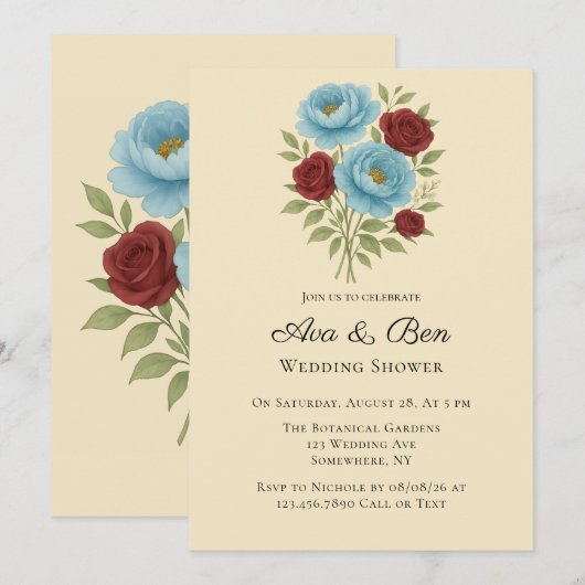 Lyons Blue Peony en Fig Paarse Roos bruiloft Kaart (Voorkant / Achterkant)