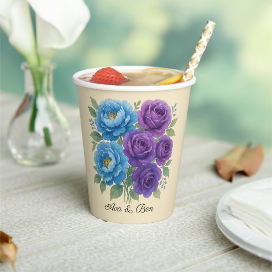 Lyons Blue Peony en Fig Paarse Roos bruiloft Papieren Bekers (Insitu)