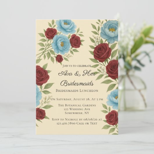 Lyons Blue Peony & Red Roses Bruidsmeisjes Luncheo Kaart (Staand voorkant)