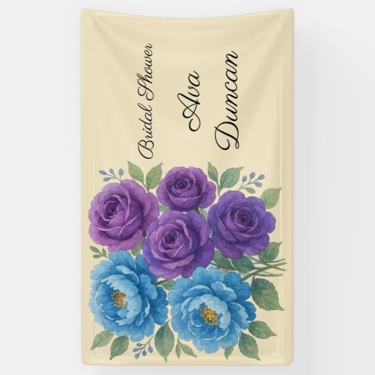 Lyons Blue Pioen & Fig Paarse Rozen Bruidsfeest Spandoek (Verticaal)