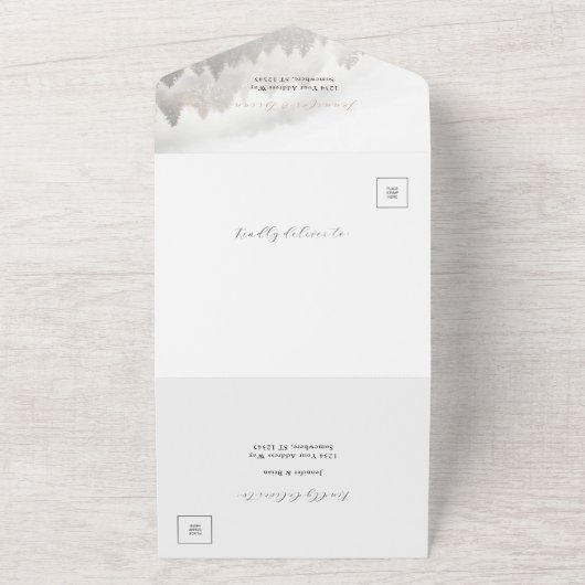 ©Lyrical Pine Forest Bossen herfstbruiloft All In One Uitnodiging (Buitenkant)