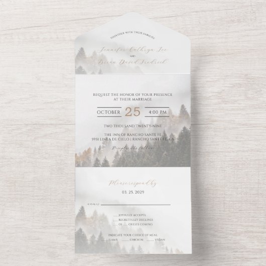 ©Lyrical Pine Forest Bossen herfstbruiloft All In One Uitnodiging (Binnen)