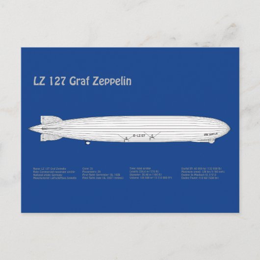 LZ 127 Graf Zeppelin - Luchtschip Blauwdruk Planne Briefkaart (Voorkant)