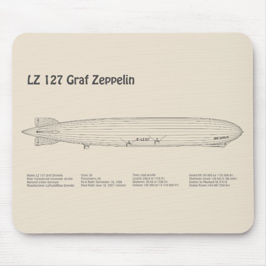 LZ 127 Graf Zeppelin - Luchtschip Blauwdruk Planne Muismat (Voorkant)