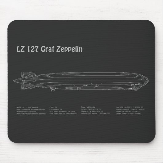LZ 127 Graf Zeppelin - Luchtschip Blauwdruk Planne Muismat (Voorkant)
