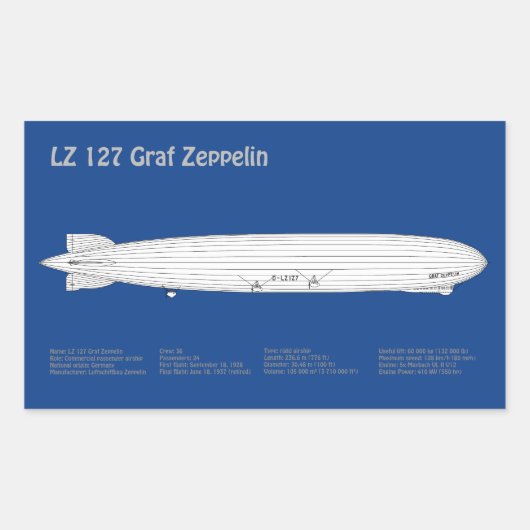 LZ 127 Graf Zeppelin - Luchtschip Blauwdruk Planne Rechthoekige Sticker (Voorkant)