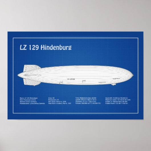 LZ 129 Hindenburg - Luchtschip Blauwdruk Plannen A Poster (Voorkant)