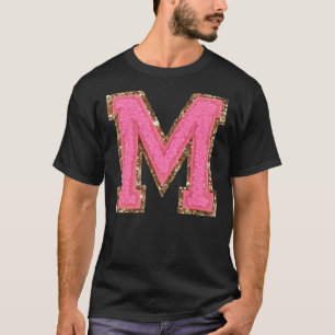 M - Bubblegum Glitter Varsity Letter Patches Stick T-shirt