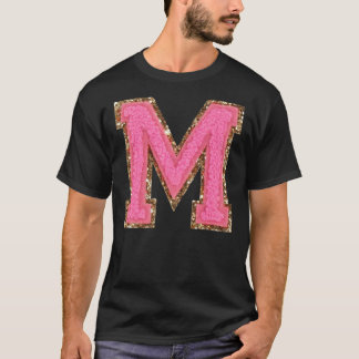 M - Bubblegum Glitter Varsity Letter Patches Stick T-shirt