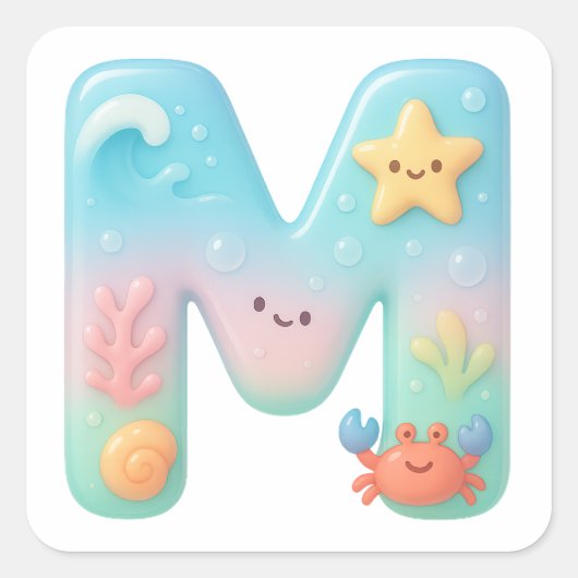 "M" Cute Letter - Underwater Sea Creature Vierkante Sticker (Voorkant)