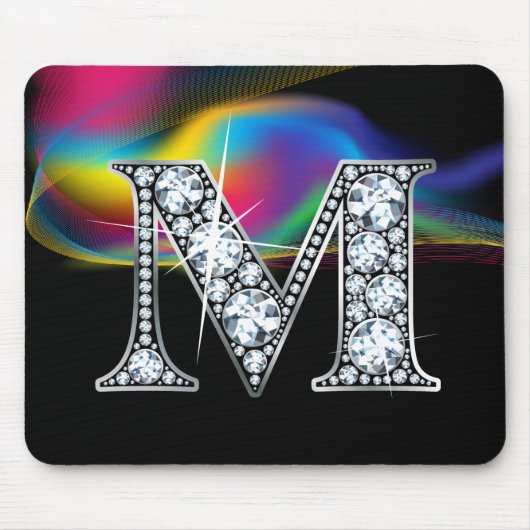 "M" Diamond Bling met Rainbow Swirl Mousepad Muismat (Voorkant)
