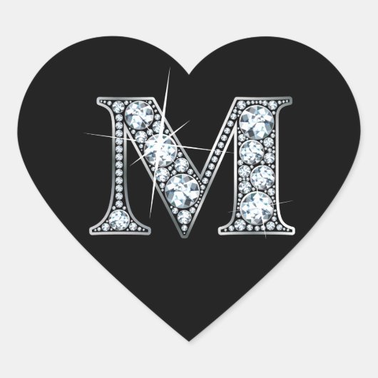 "M" Diamond Bling on Black Heart Sticker (Voorkant)