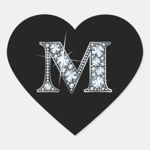 "M" Diamond Bling on Black Heart Sticker