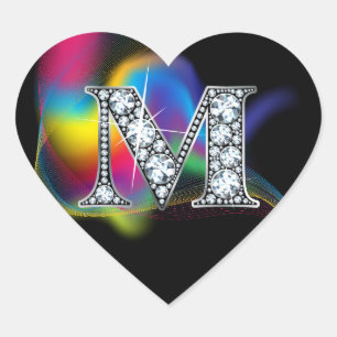 "M" Diamond Bling on Rainbow Swirl Heart Sticker