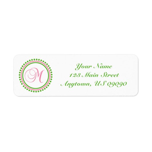 M Dot Circle Mongram Adreslabel (roze / groen) Etiket (Voorkant)