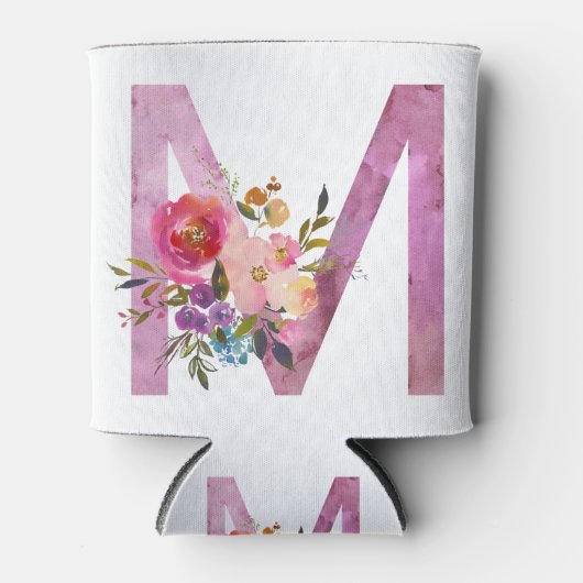 M, Floral Monogram initiaal, waterverf bloem Blikjeskoeler (Voorkant)