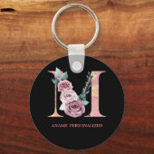 M Floral Monogram Name Letters Roze Agate Sleutelh Sleutelhanger (Voorkant)