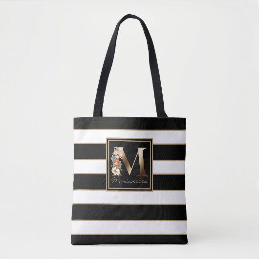 M Gouden Bloem Monogram | Zwart Witte Gouden Strep Tote Bag (Voorkant)