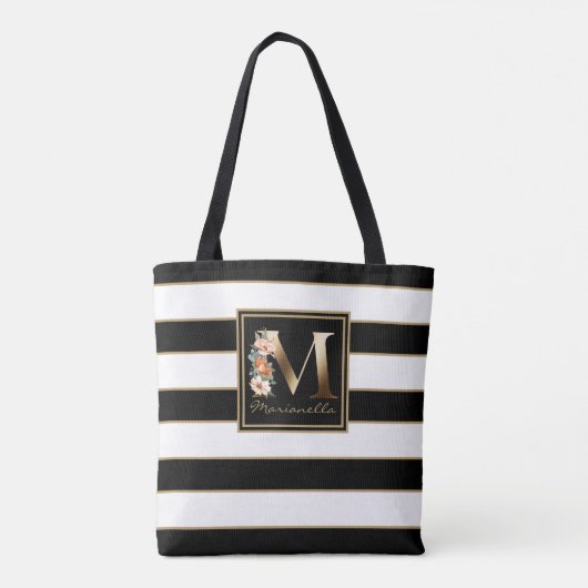 M Gouden Bloem Monogram | Zwart Witte Gouden Strep Tote Bag (Achterkant)