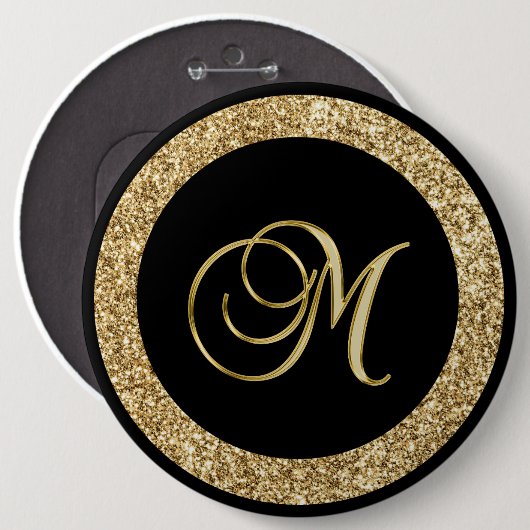 M gouden monogram op zwart ronde button 6,0 cm (Voorkant /achterkant)