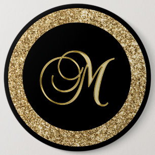 M gouden monogram op zwart ronde button 6,0 cm