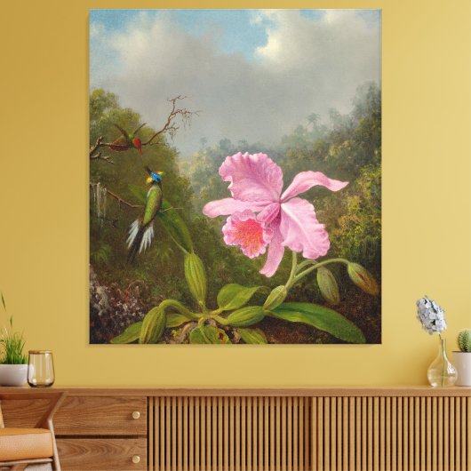 M. HEADE - Vechten tegen kolibries met roze orchid Canvas Afdruk (Insitu (Woonkamer))