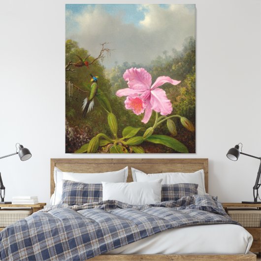 M. HEADE - Vechten tegen kolibries met roze orchid Canvas Afdruk (Insitu (Slaapkamer))
