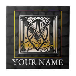 M "Jouw naam" Celtic Black Stone Monogram Tile Tegeltje