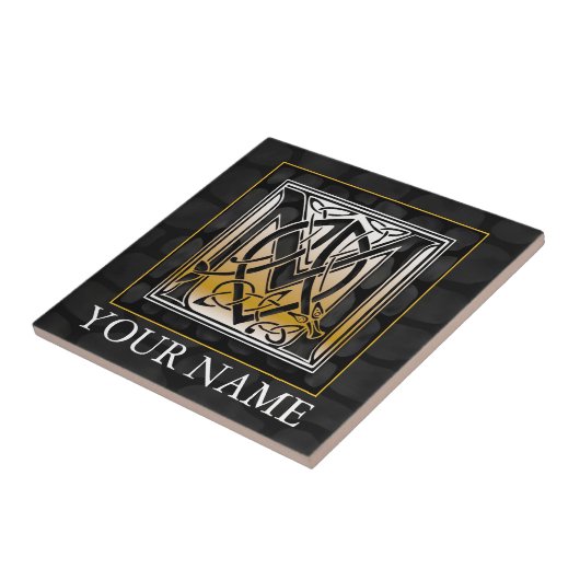 M "Jouw naam" Celtic Black Stone Monogram Tile Tegeltje (Zijkant)