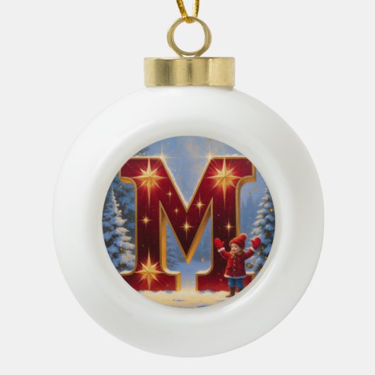 M Kerstmutsen Persoonlijk Initiaal Keramische Bal Ornament (Voorkant)