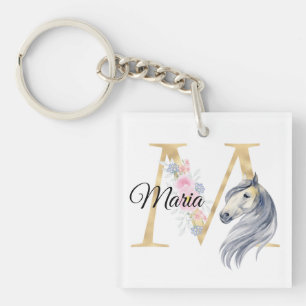 M letter gepersonaliseerde naam monogram met paard sleutelhanger