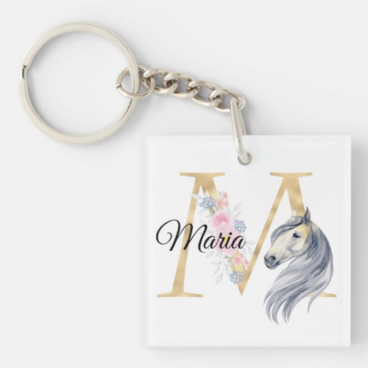 M letter gepersonaliseerde naam monogram met paard sleutelhanger (voorkant)
