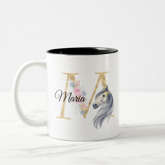 M letter gepersonaliseerde naam monogram met paard tweekleurige koffiemok (Links)